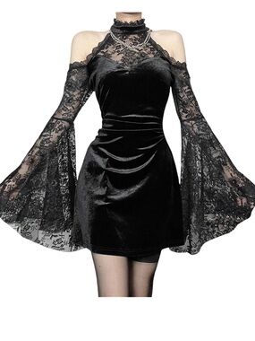 NWOT Black Velvet Lace Cold-Shoulder Mini Dress Goth Emo Grunge, Medium